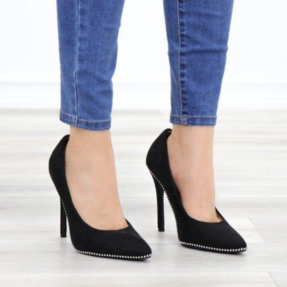 Black vegan Suede High Heel Pumps With Studs - Picture 3 of 12
